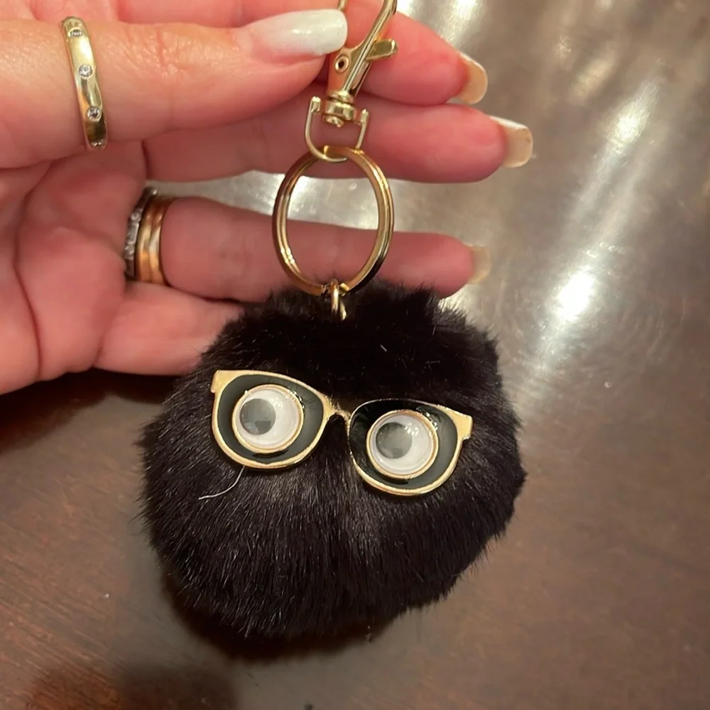 Furry black Keychain with Gold black glasses Accents new